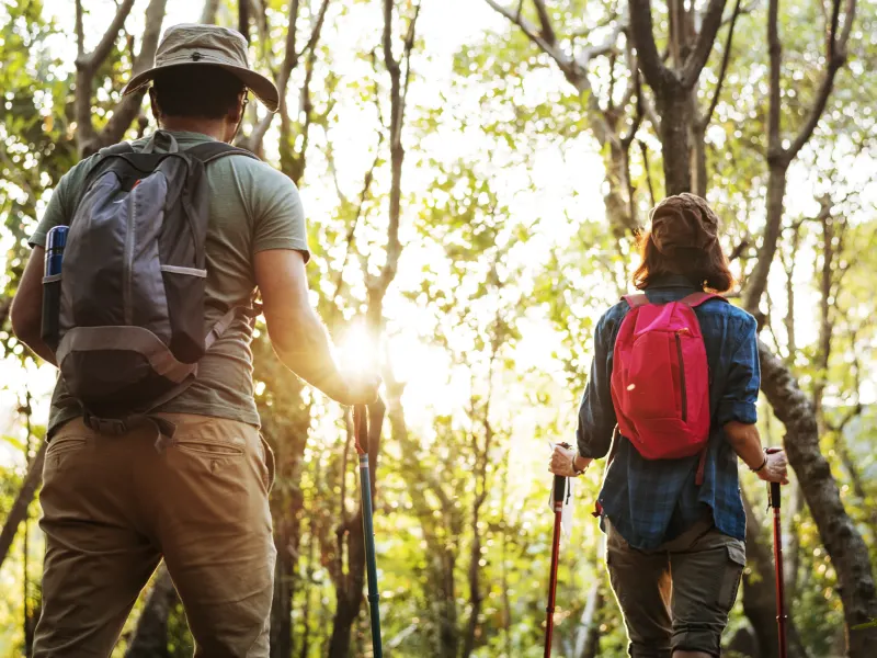 Dos personas caminando por un sendero en el bosque